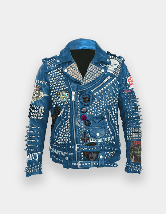 Pin Badges And Spiked Steampunk Gothic, Men's Mooca Caboel Patches Leather Wear, Studded Fashion Deadly Mosh Punk Rock, Biker's Jacket,